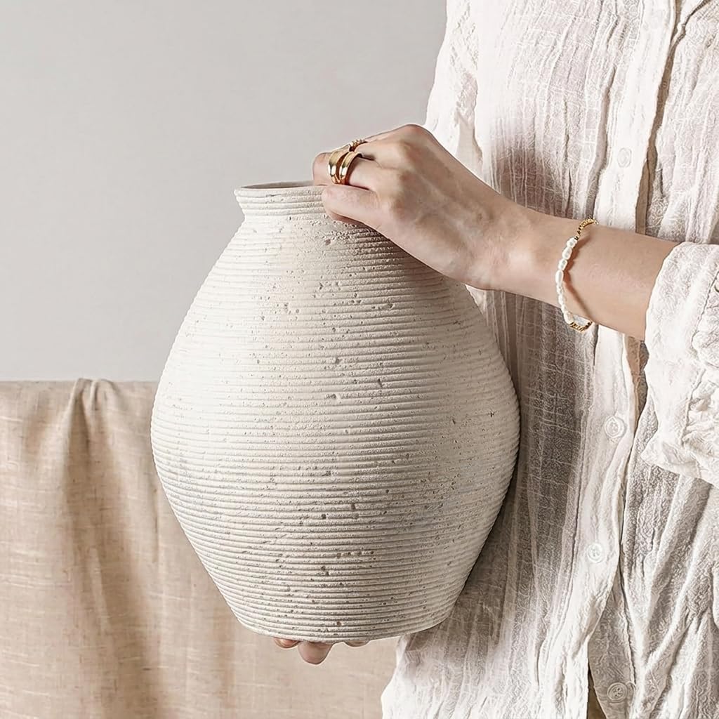 Rustic Ribbed Textured Floor Vase / Off-white-11.8 Inch Large / 11.8 Inch