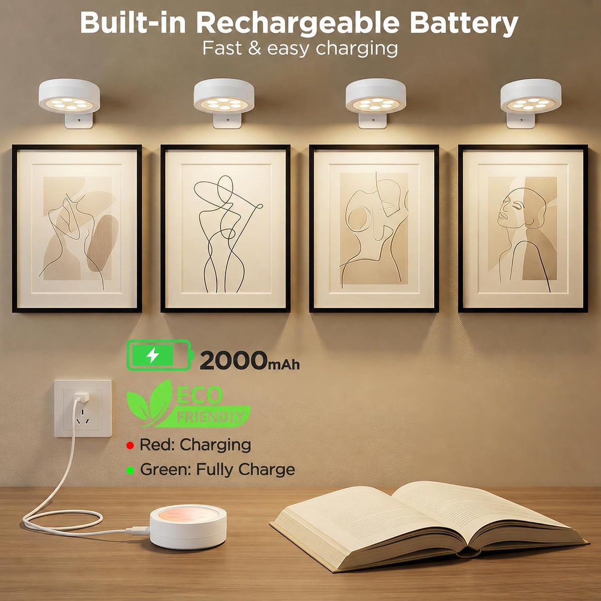 4-Pack Picture Lights for Wall, Rechargeable Wireless Poster Lights, White | LED Magnetic Painting Lights with