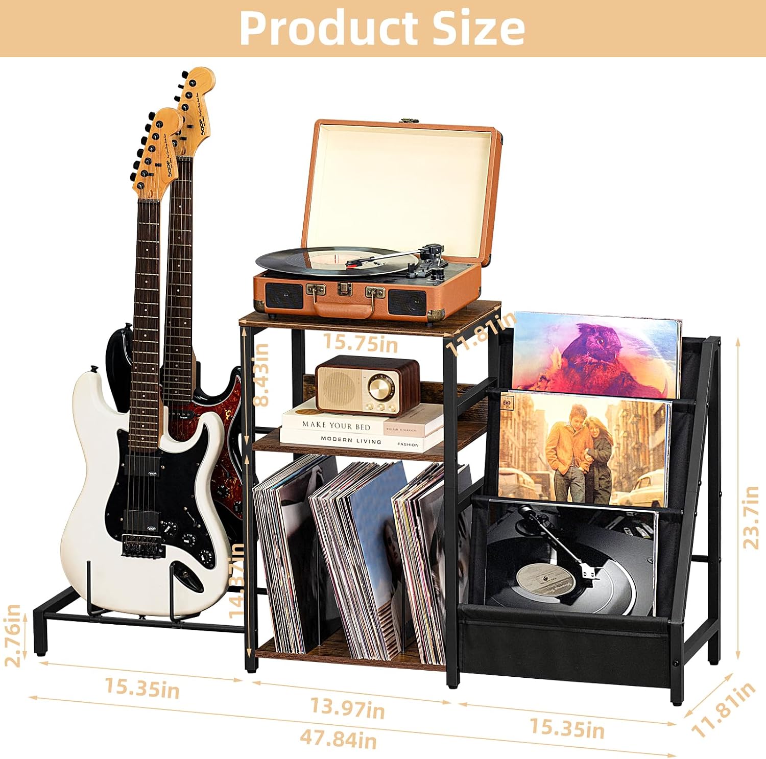 Record Player Stand, Adjustable Guitar Stand for Acoustic Guitar, Electric Guitar, Bass, Turntable Stand with Vinyl