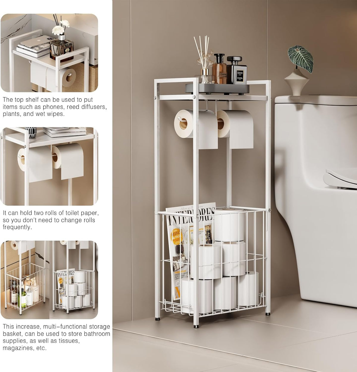 VOLDRA Toilet Paper Holder Stand with Storage Shelf, Free Standing Toilet Paper Roll Holder with Large Basket Heavy