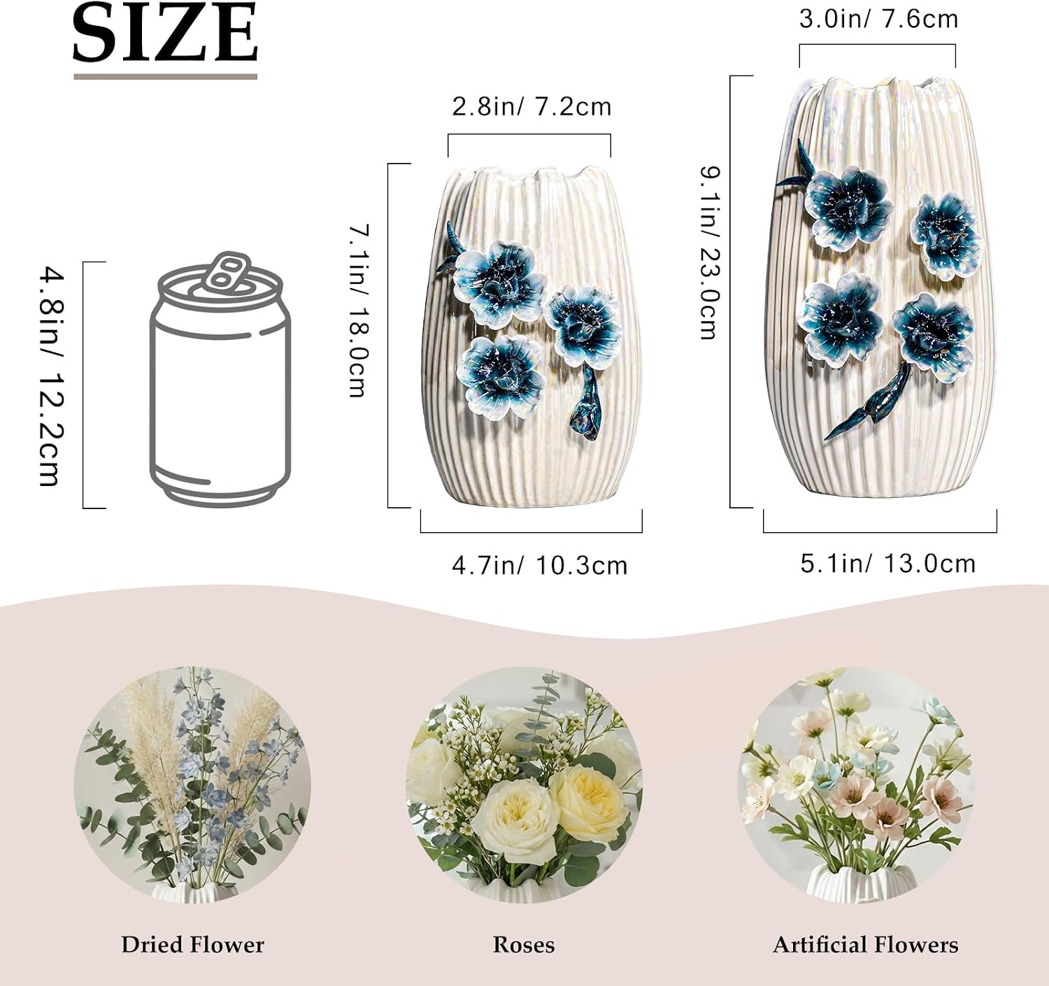 Boho Ceramic Vase / White and Dark Blue / 9 Inch