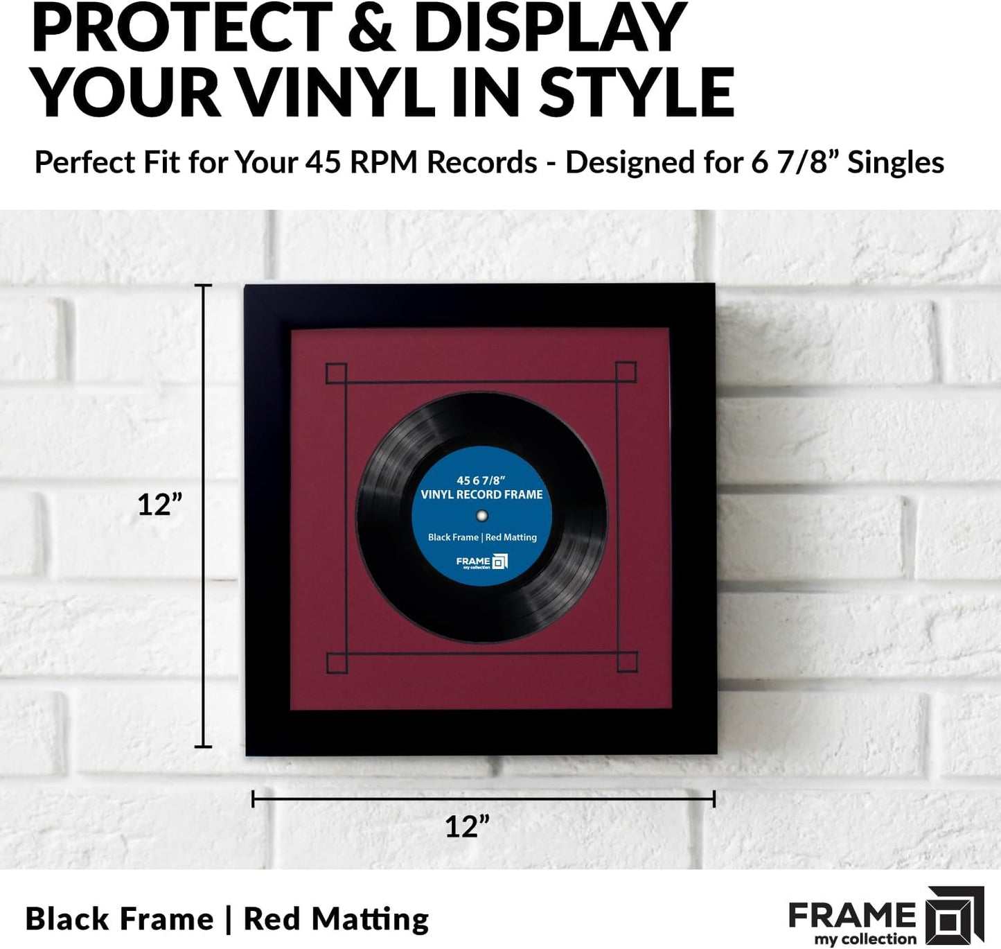45 RPM Vinyl Record Frame | Wall Mounted Solid Wood Record Display Frame for Single 6 7/8-Inch Vinyl with Red Mat