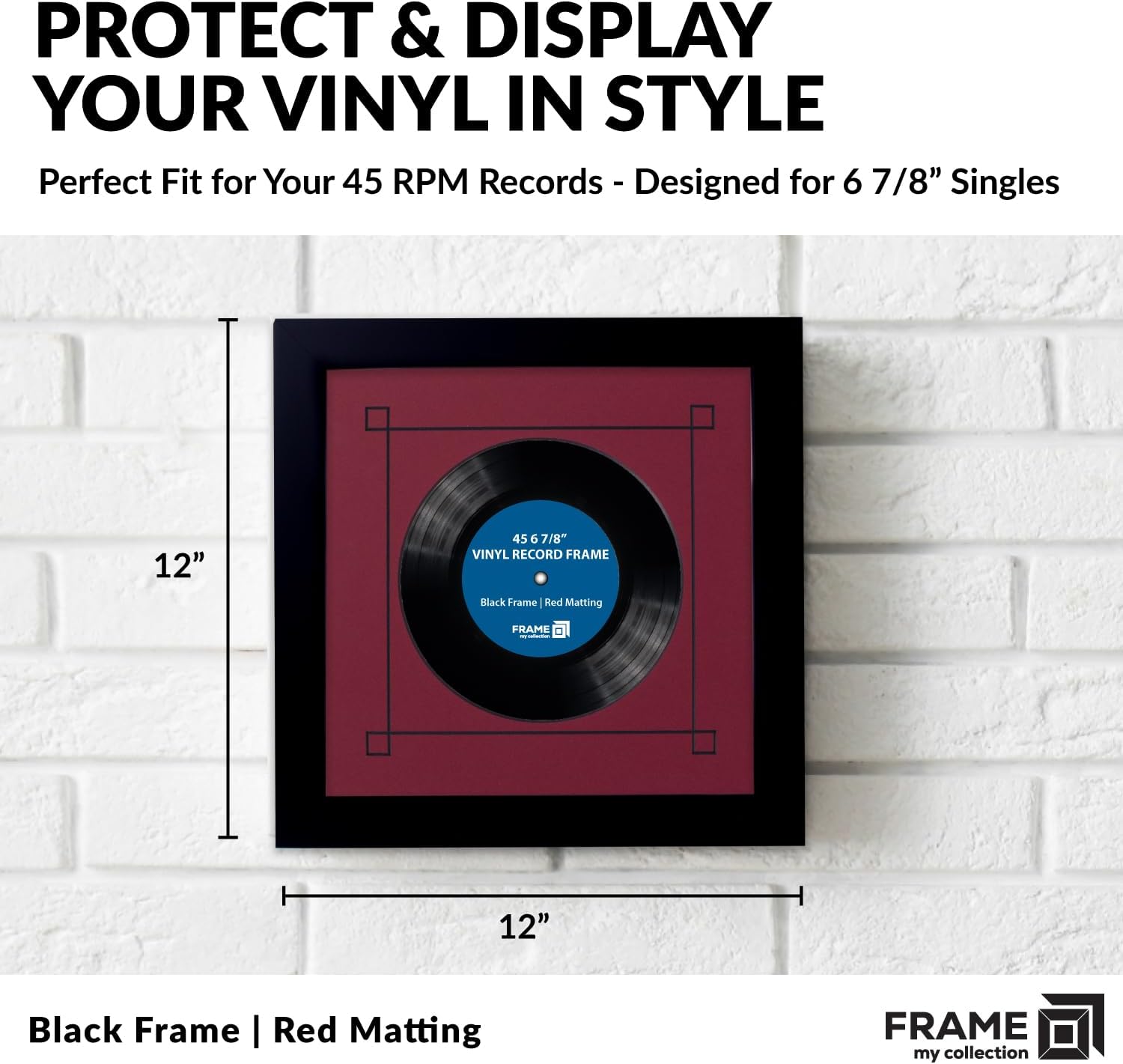 45 RPM Vinyl Record Frame | Wall Mounted Solid Wood Record Display Frame for Single 6 7/8-Inch Vinyl with Red Mat