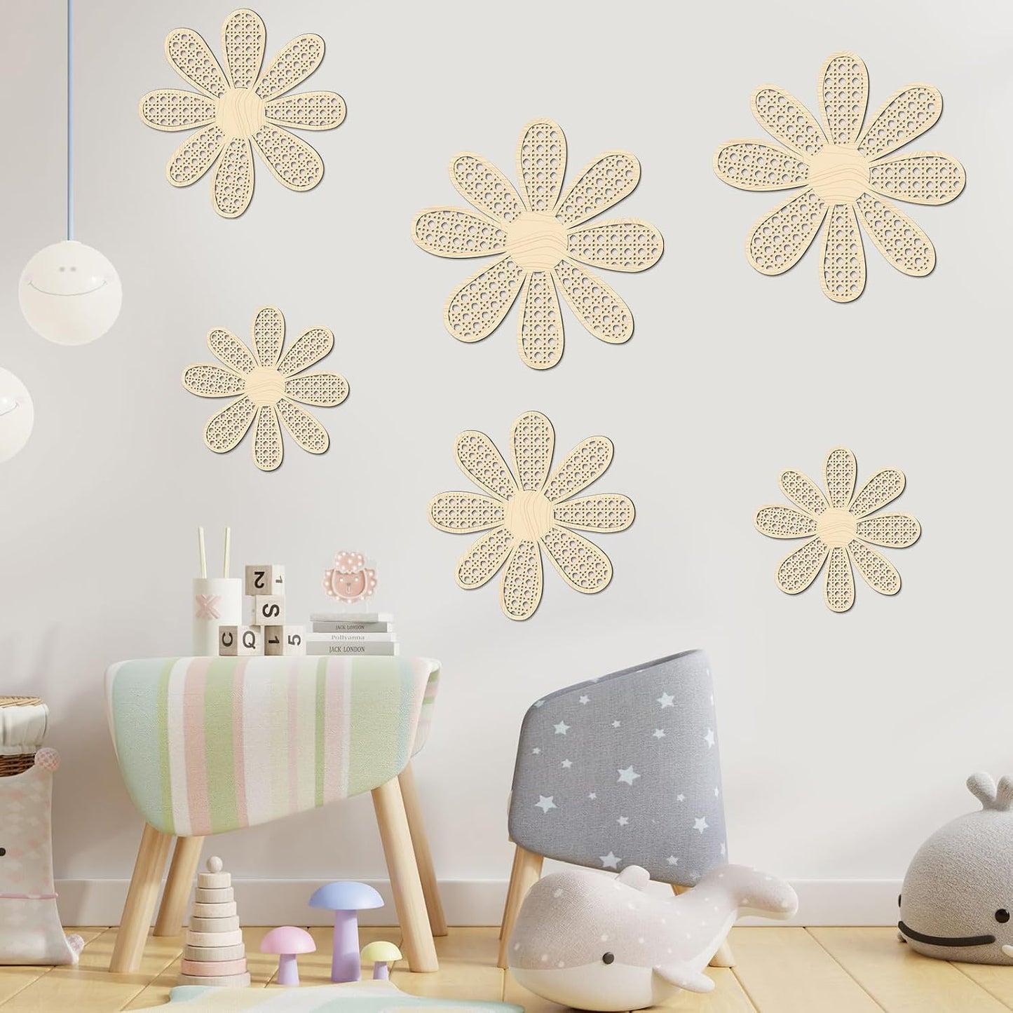 Boho Daisy Wall Decor Rattan Flower Wall Hanging Art Wooden Boho Art Nursery / Natural / Set of 6