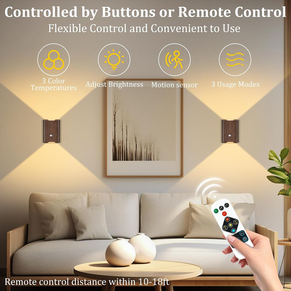 Eneru Motion Sensor Wall Sconce, Rechargeable Wireless Lights Indoor 4 Pack | 5000mAh Battery Powered, Remote 3CCT