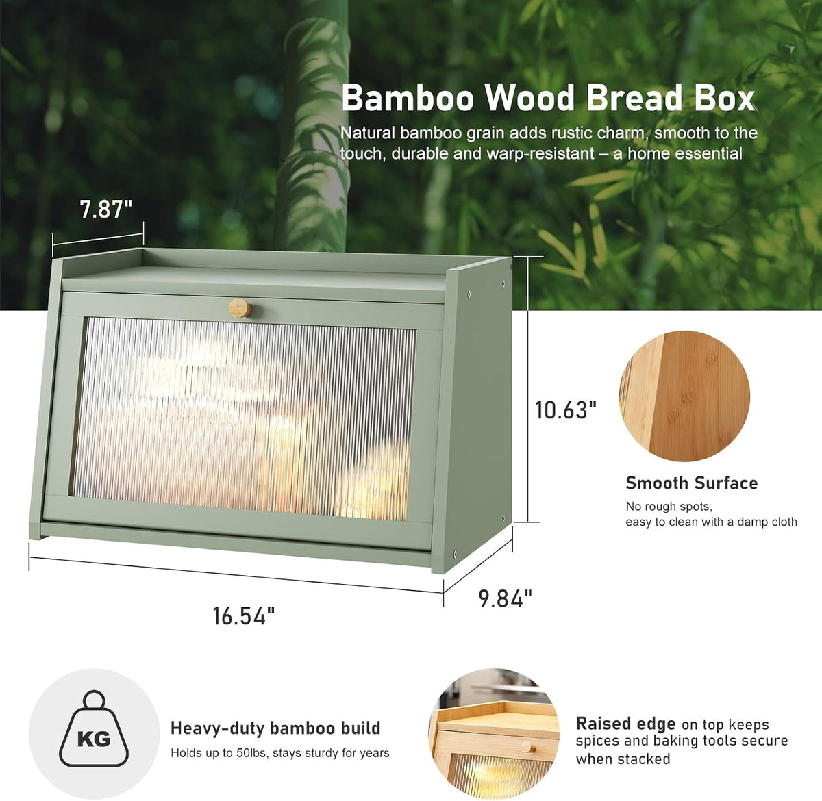 kiplant Green Bread Box for Kitchen Counter, Large Bamboo Bread Storage Container with Wavy Arcylic Door, Bamboo Wooden