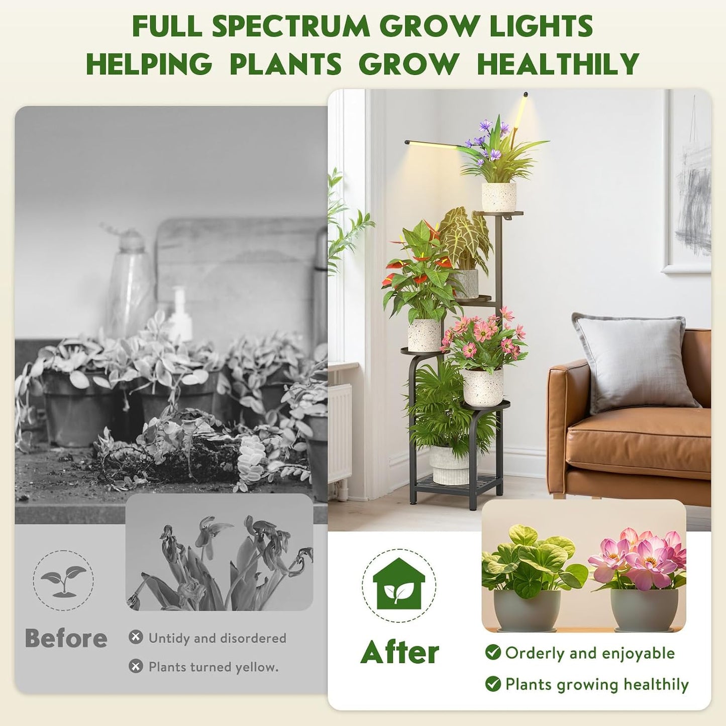 TOSKING Tall 5-Tier Metal Plant Stand with Grow Light for Indoor Corners | Black | Full-Spectrum Lighting | Adjustable