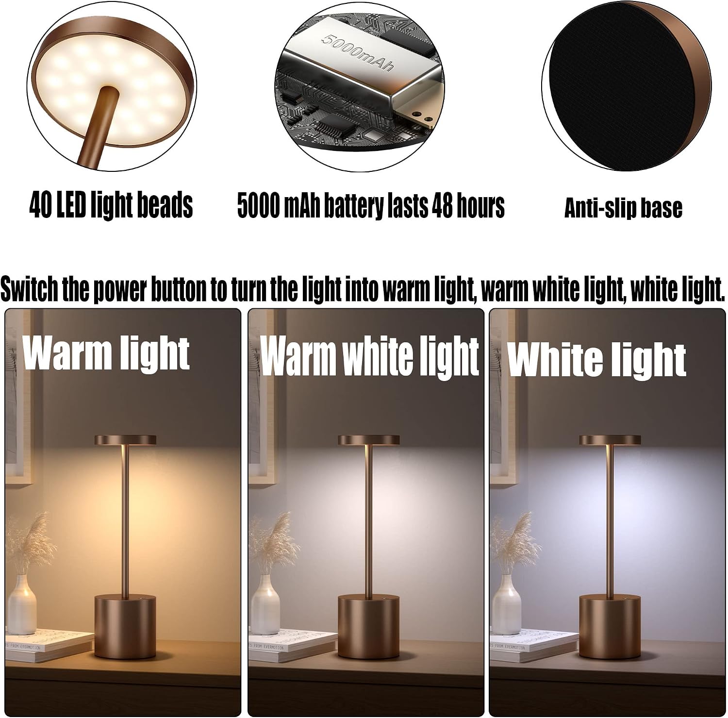 2Pack Cordless Rechargeable LED Restaurants Outdoor Table Lamp | Battery 5000mAh Metal USB Portable Powered Desk Lamp