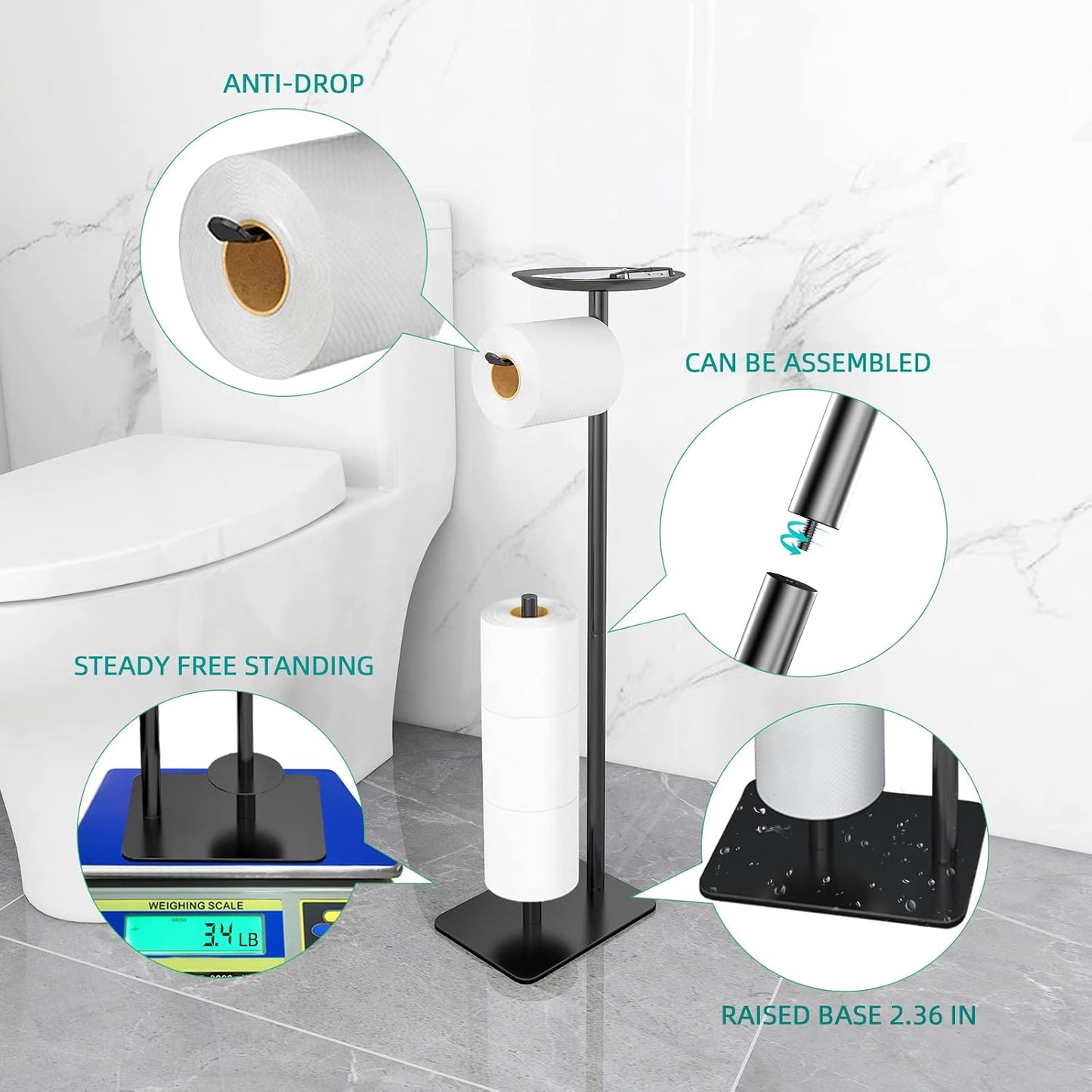 FEILERN Toilet Paper Holder Stand for Bathroom Floor Standing Toilet Roll Dispenser Storages 4 Reserve Rolls, with Top