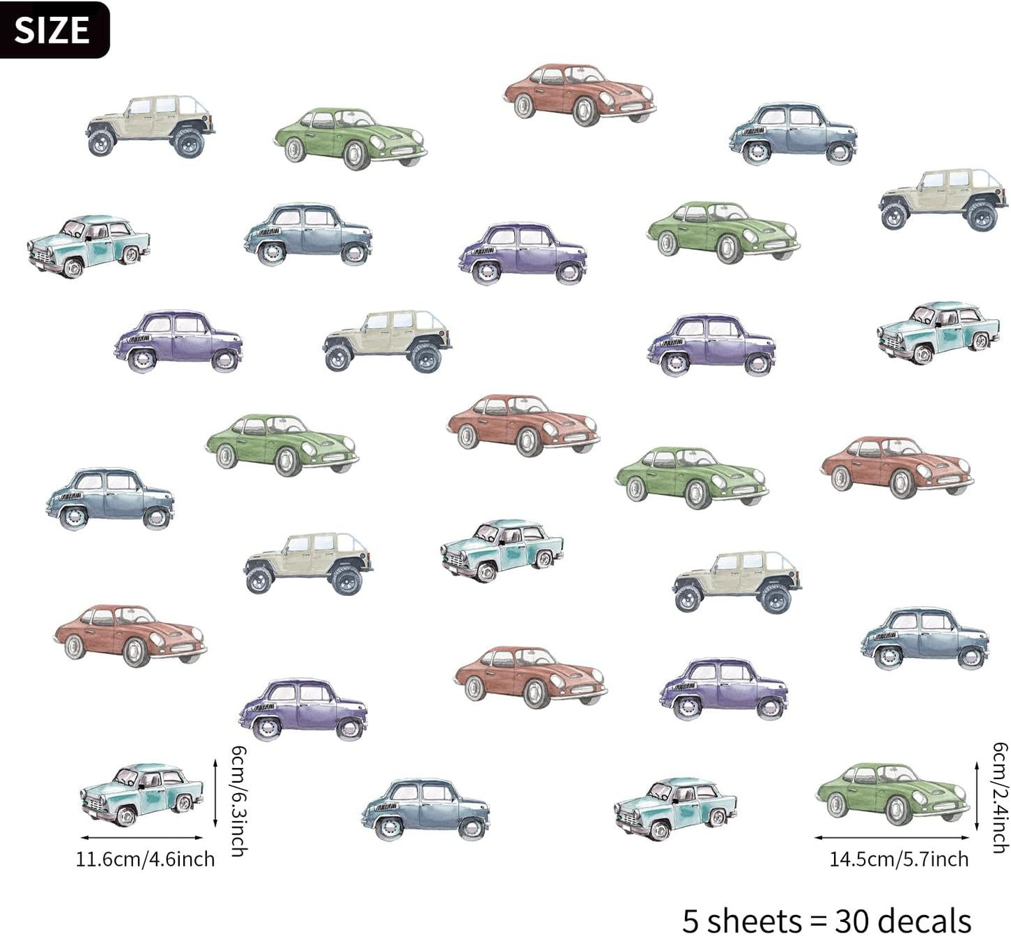 Boy Wall Decals Peel and Stick / Multicolor Cars / Set of 30