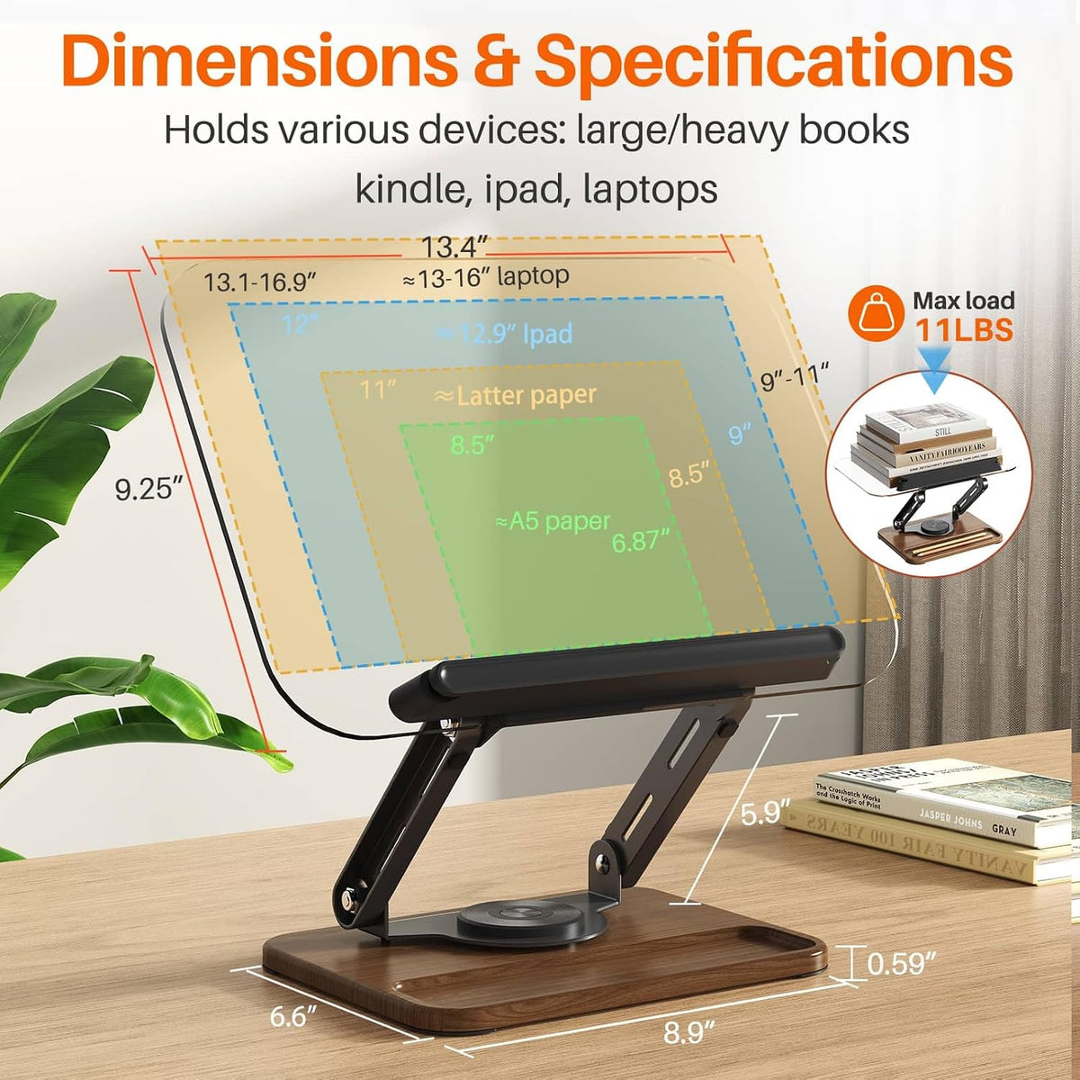 BYMECOST Acrylic Book Stand for Reading, 360°Rotating Book Holder, Black | Adjustable Height and Angle with Pen Slot
