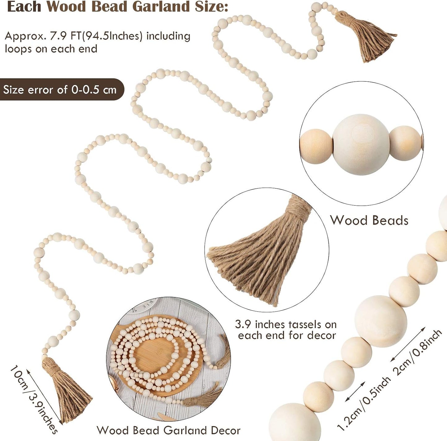 Wood Beaded Garlands / Wood Color / 7.9 Feet