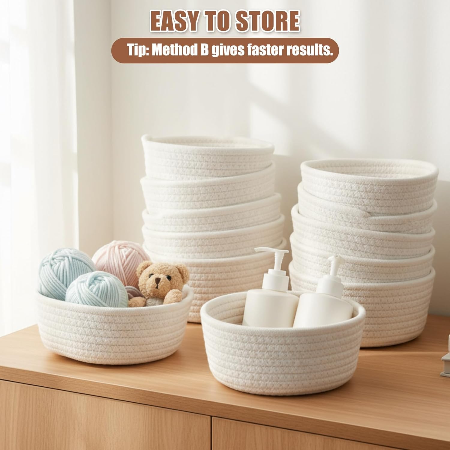 Small Storage Basket Natural Cotton Rope Woven Basket Tiny Boho / Beige / Round / Set of 12