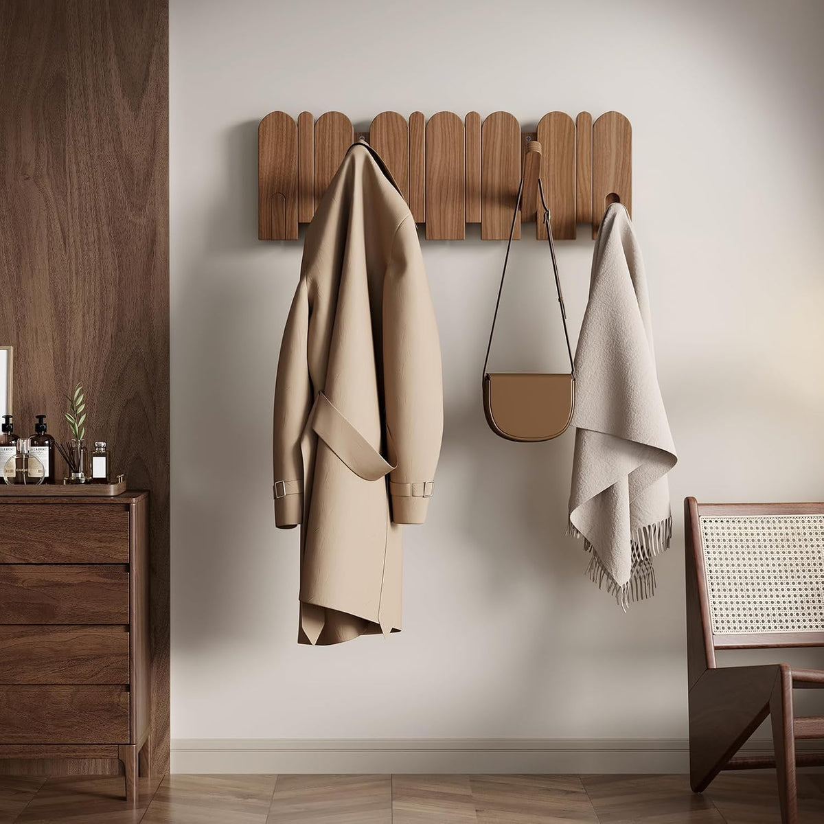 Walnut Wood Coat Rack Wall Mount,16.5" Wall Mounted Coat Rack with 8 Retractable Hangers,Heavy Duty Coat Hooks for