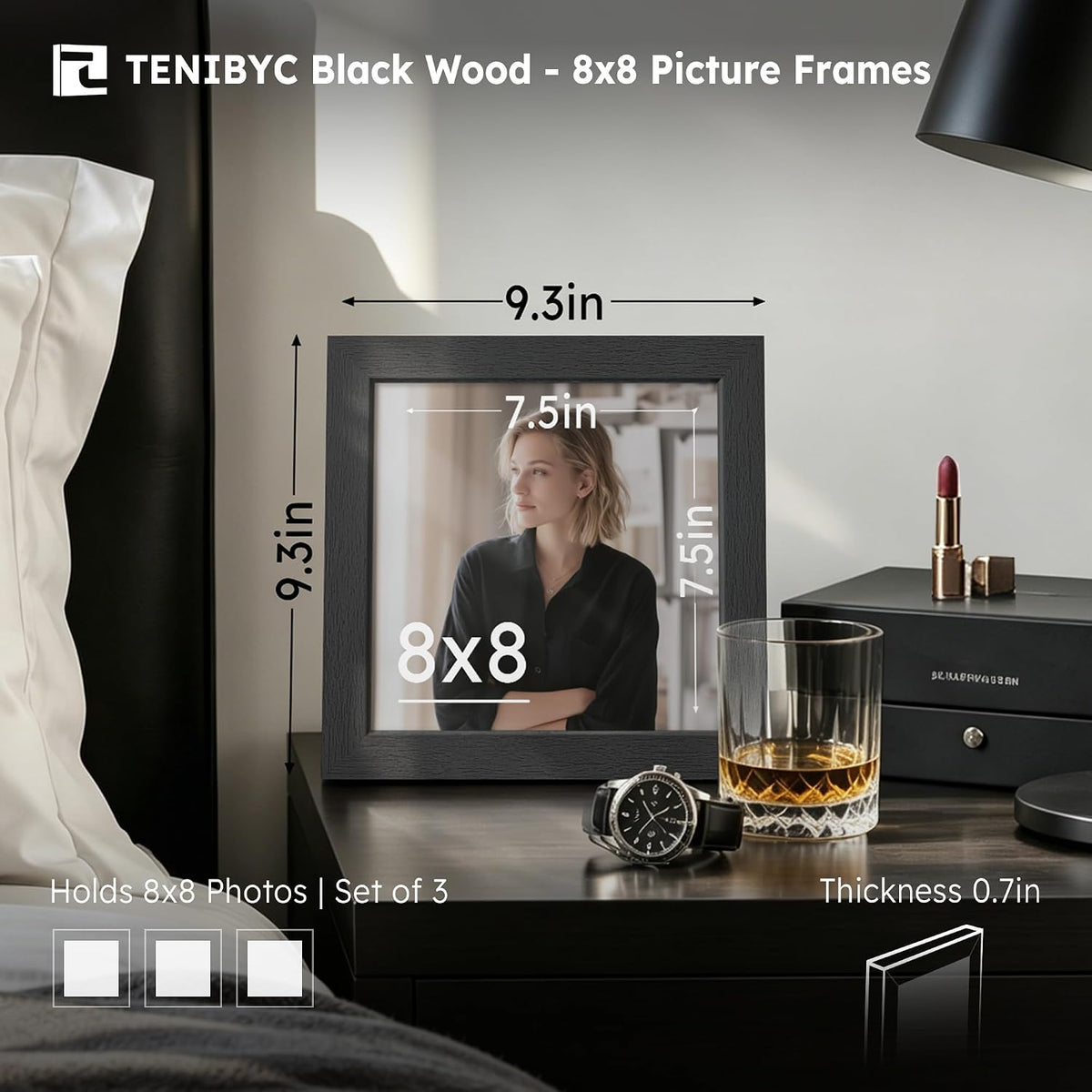 8x8 picture frames 3 Pack, Black Wood, Real Glass, for Photos | Thick HD Tempered Glass, Tabletop or Wall Hanging