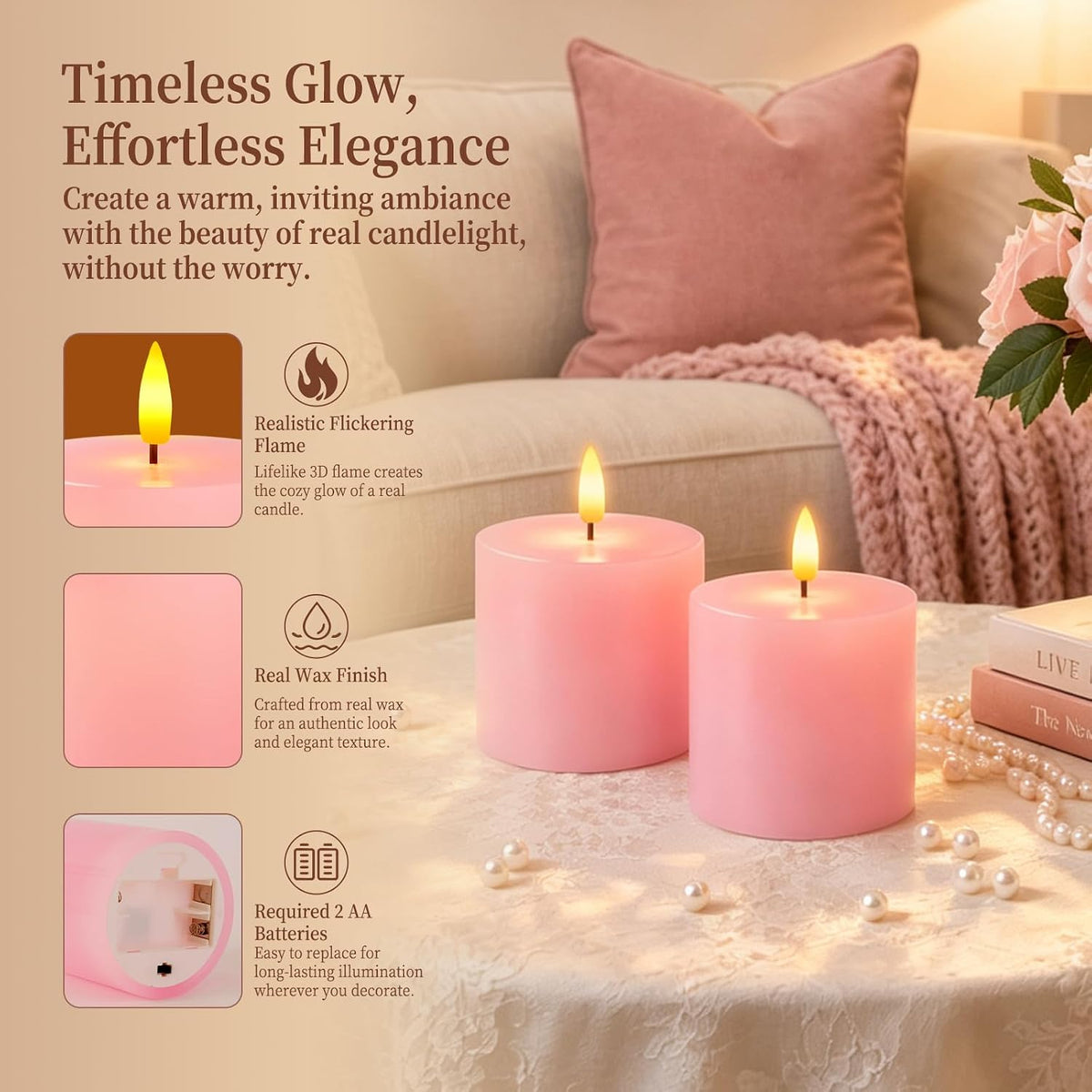Homemory 3x3 Pink Flameless Candles Battery Operated with Remote Timer | Real Wax LED Pillar Candle with 3D Wick Flame