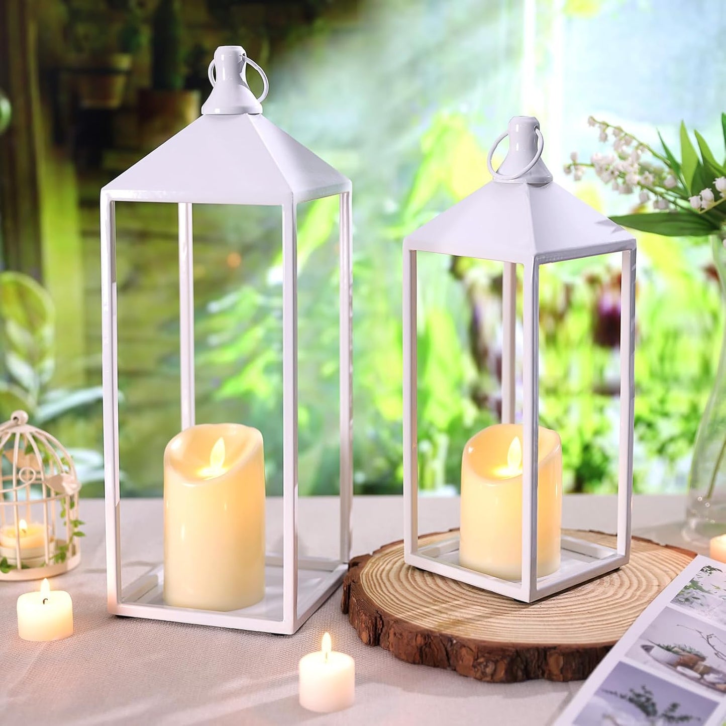 White Decorative Lantern Decor 17" 13" Set of 2 Wedding Lantern with Candle | White Candle Lanterns Decorative Modern