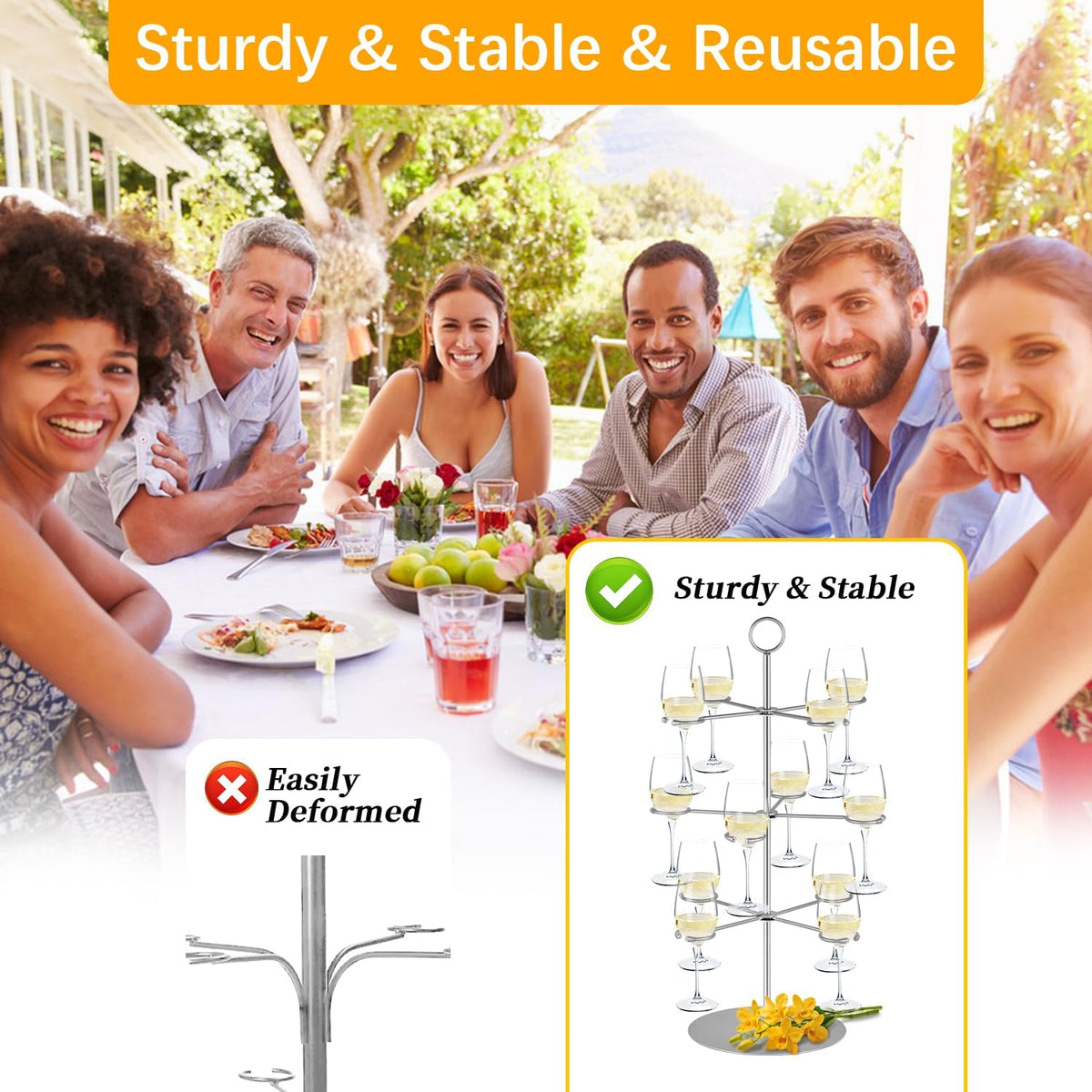 QPIX DIGITAL Cocktail Tree Stand, Metal Drink Tower, 3 Tier - 12 Holders For Champagne, Cocktails,Martini, Margarita