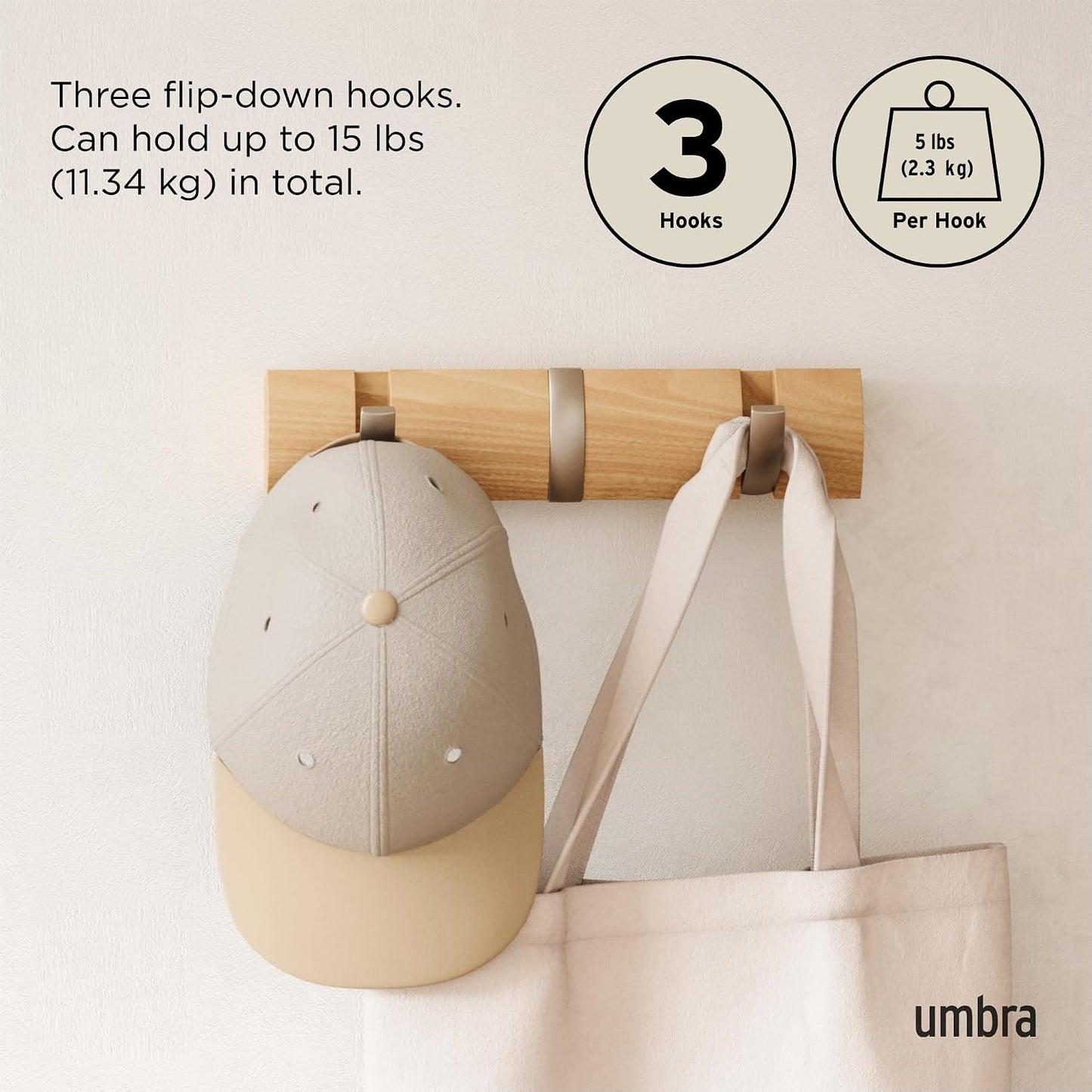 Umbra Flip Coat Rack, Wall Mount Retractable Hooks, 3-Hook, Natural/Nickel | Real wood and steel build, folds flat when
