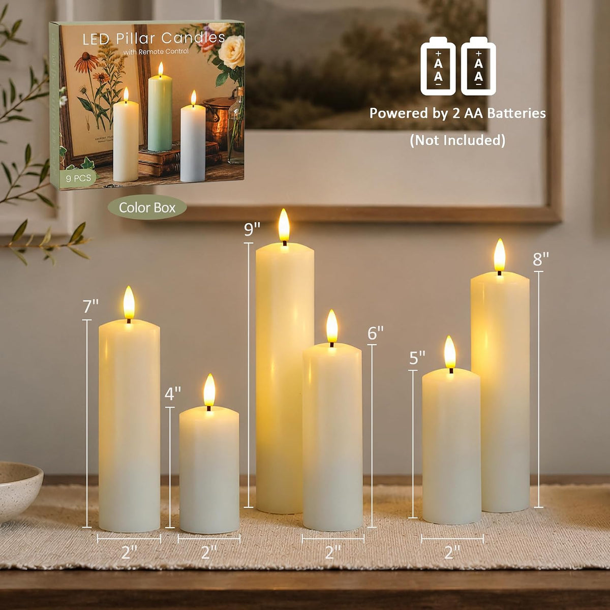 Pack of 9 Real Wax Pillars Flameless Candles with Remote, 400H Battery Operated Flickering LED 3D-Wick Warm Lights