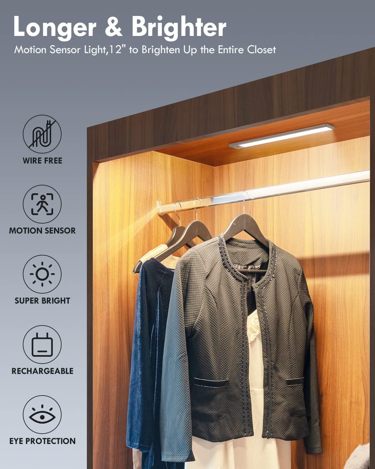 BLS LED Closet Lights, 52LED Motion Sensor Light Indoor, Under Cabinet Lights Rechargeable USB-C Under Cabinet