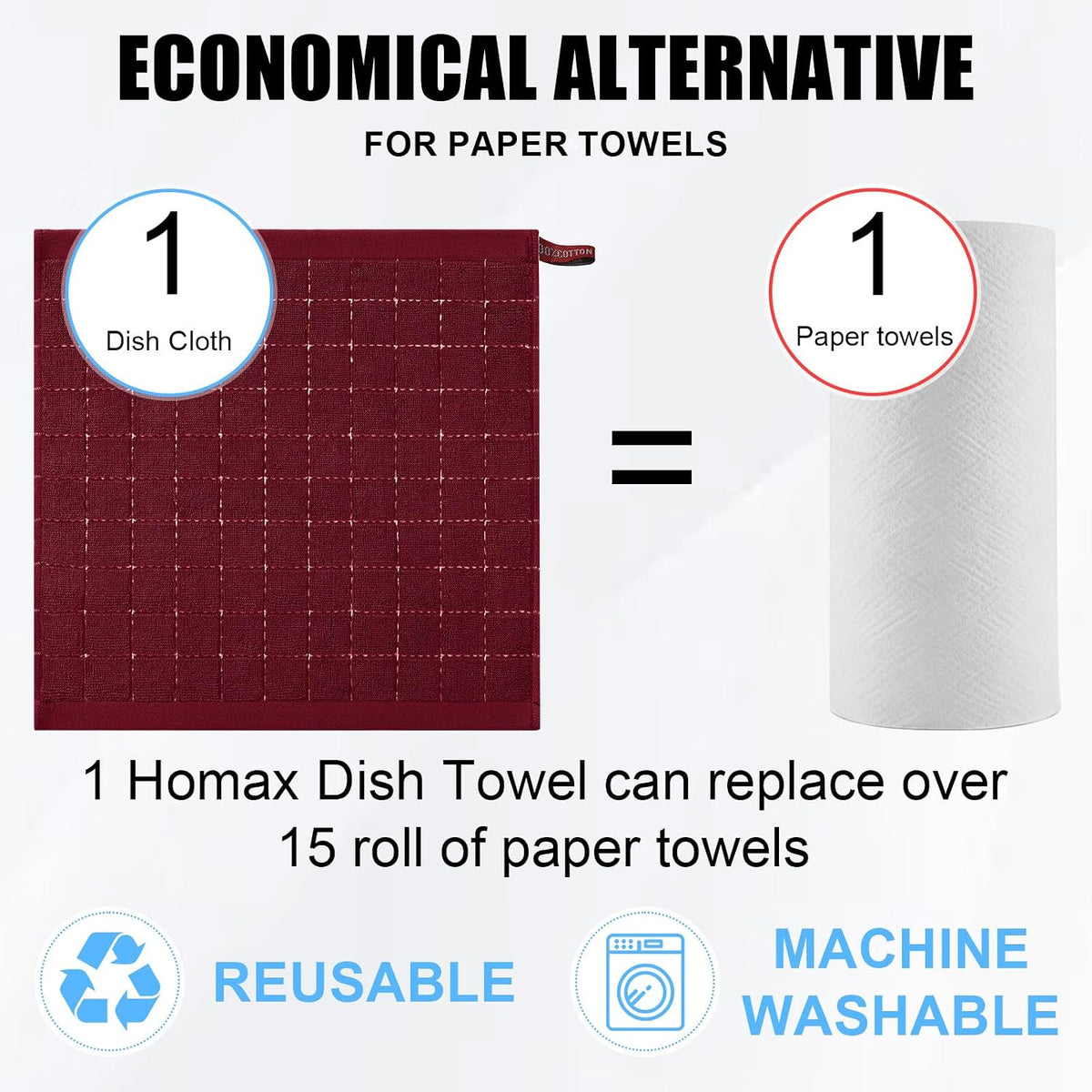 Homaxy 100% Cotton Terry Kitchen Dish Cloths, 12 Pack, Burgundy | Ultra Soft and Absorbent Dish Towels for Kitchen