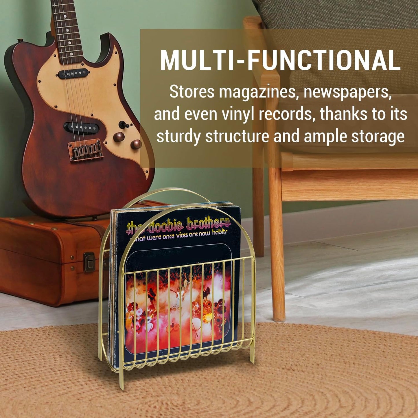 MyGift Deluxe Mid Century Brass Tone Metal Wire Magazine Holder Rack, Table or Floor Display Newspaper Stand Storage