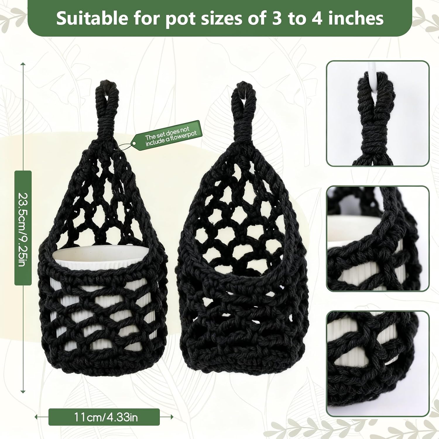 Macrame Wall Plant Hanger / Black / 4-inch / 4 Inch