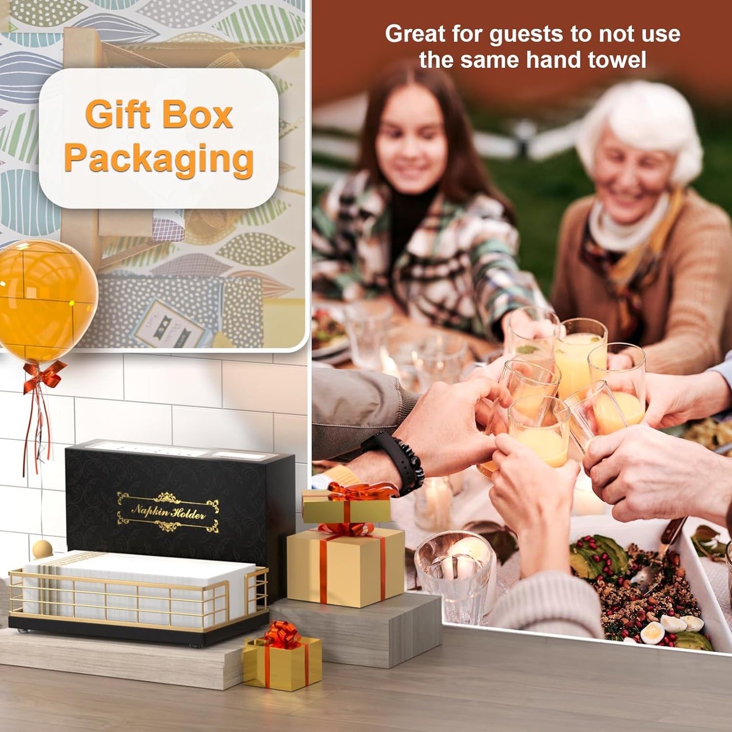 Oak and Iron Napkins Holder for Powder Room Dinning Table / Gold/black / 9.06 x 5.51 x 2.56 / Inchs