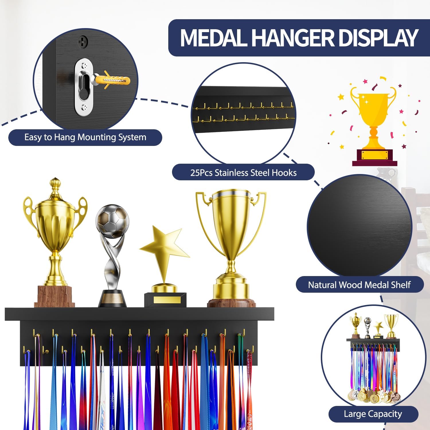 Medal Holder Display Trophy Shelf Organizer, Sturdy Wooden Race Award Hanger Rack with 25 Steel Hooks, Wall Mount