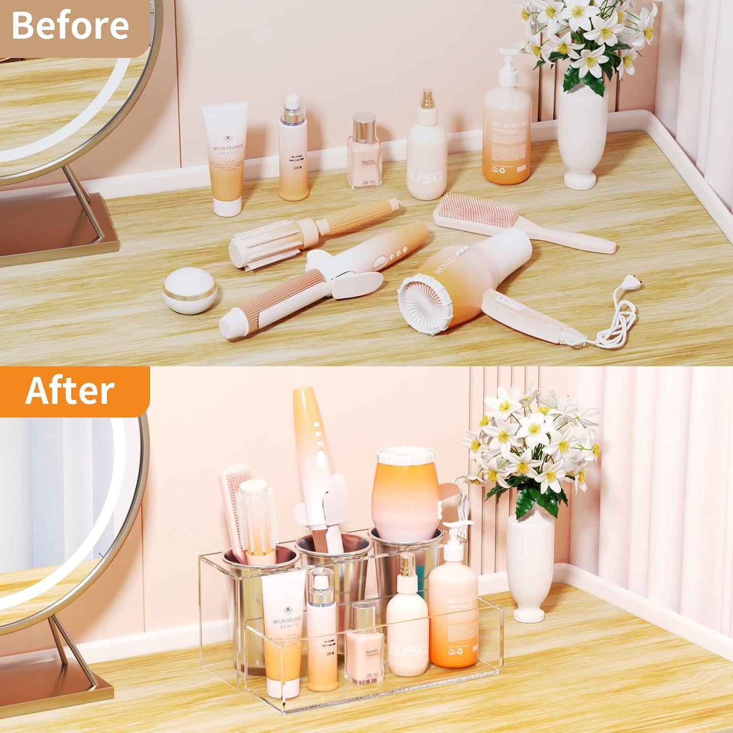 NIUBEE Acrylic Hair Tool Organizer,Hair Blow Dryer Holder with 3 Cups,Clear | Acrylic Hot Tools Organizer,Hair