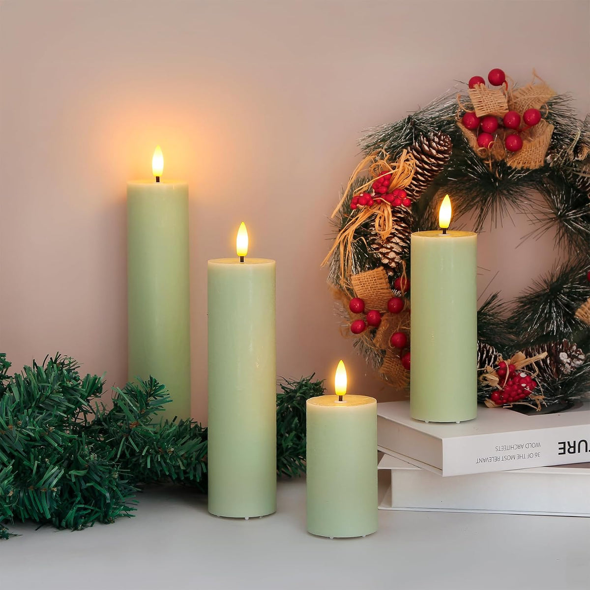 Flickering Flameless Pillar Candles with Remote Control and Cycle Timer,Sage Green Pack of 4 Battery Operated(Powered