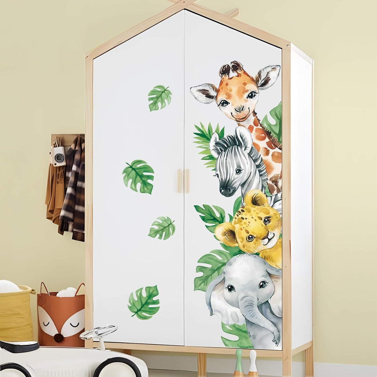 in Watercolor Jungle Animal Wall Stickers Cartoon / Vertical-4 Animals Right / Green / 45 x 23