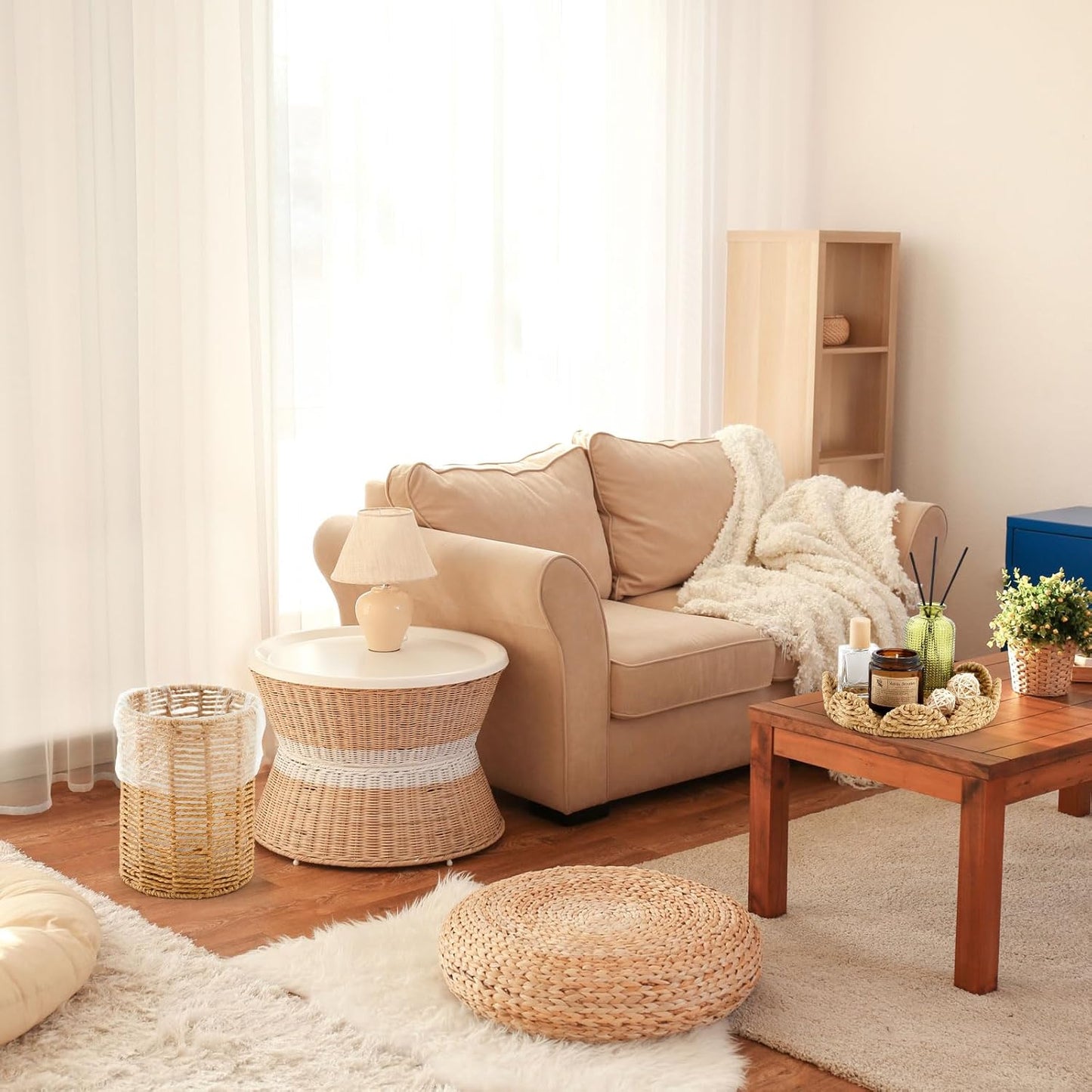Lid Handle Woven Wicker Rattan Bathroom Waste Basket Boho / Scalloped Style / Natural / 1.3 Gallons