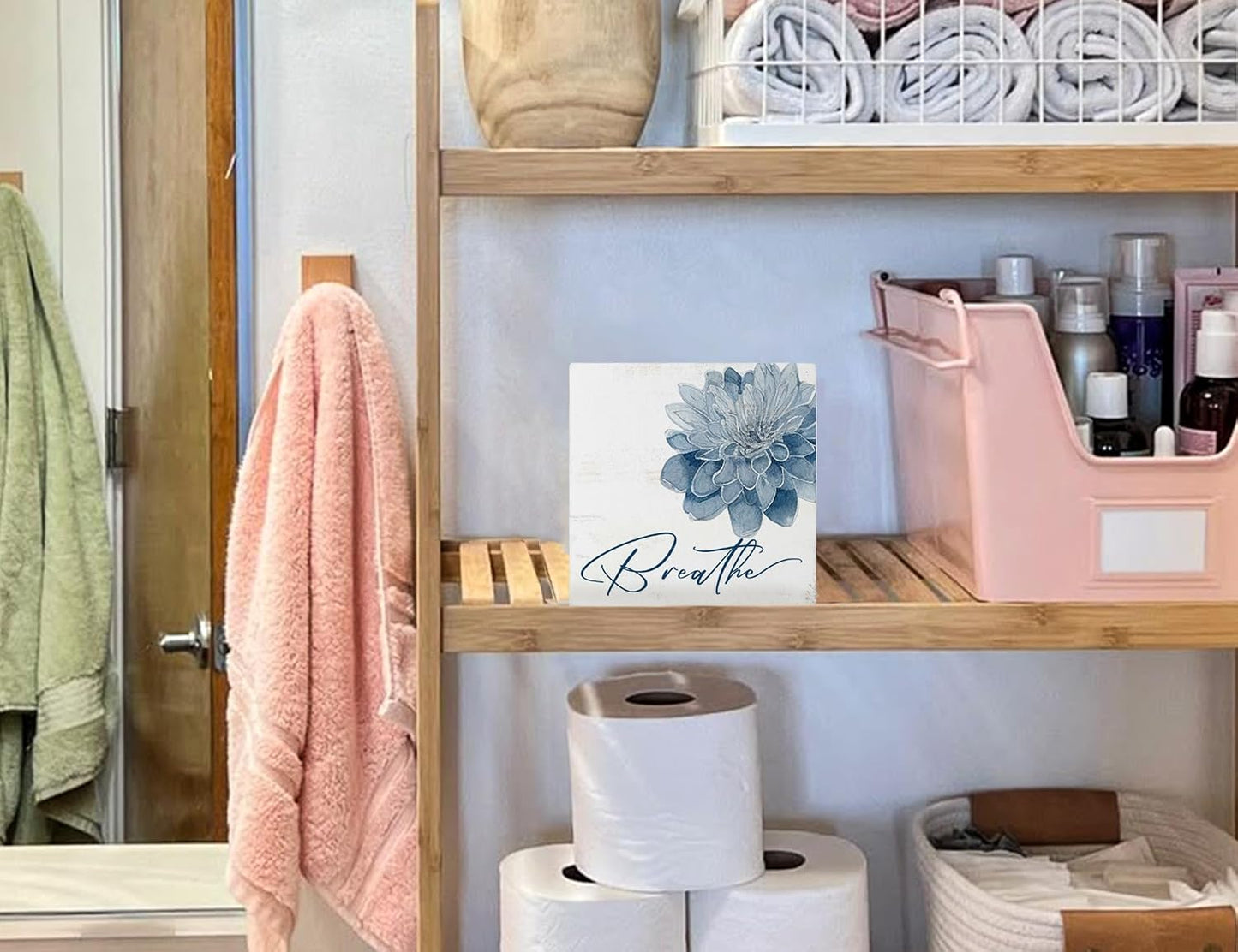 Breathe Flower Wooden Box Sig / Bathroom Sign / Blue