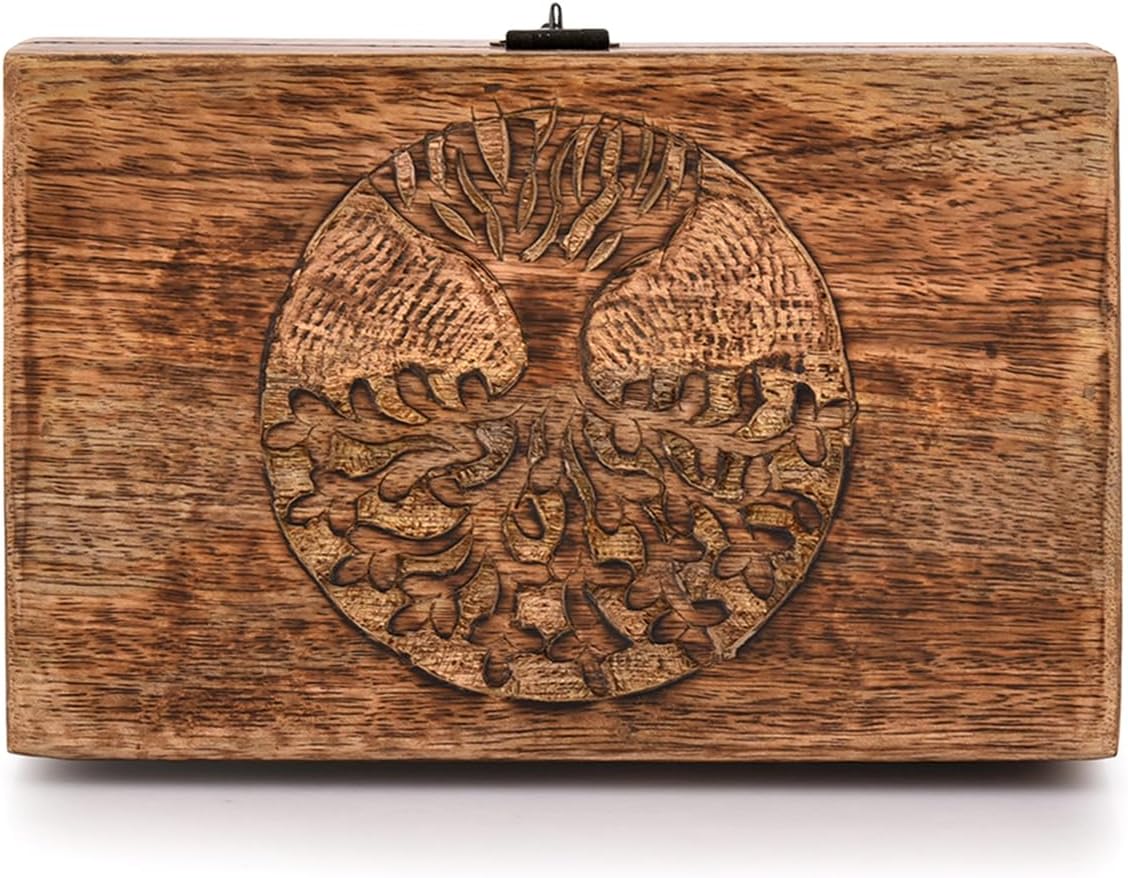 Handmade Mango Wood Tree of Life Engraving Beautifully Keepsake Box Jewellery Organiser Unique Gift
