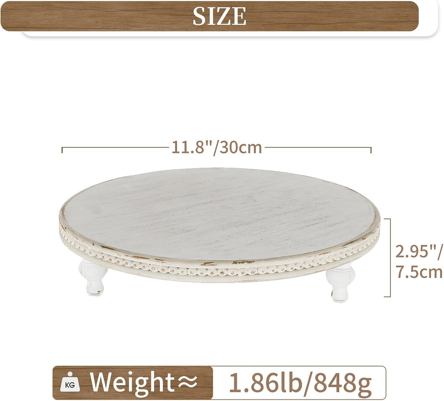 Beaded Wood Pedestal Risers Farmhouse Circle Display Holder / White