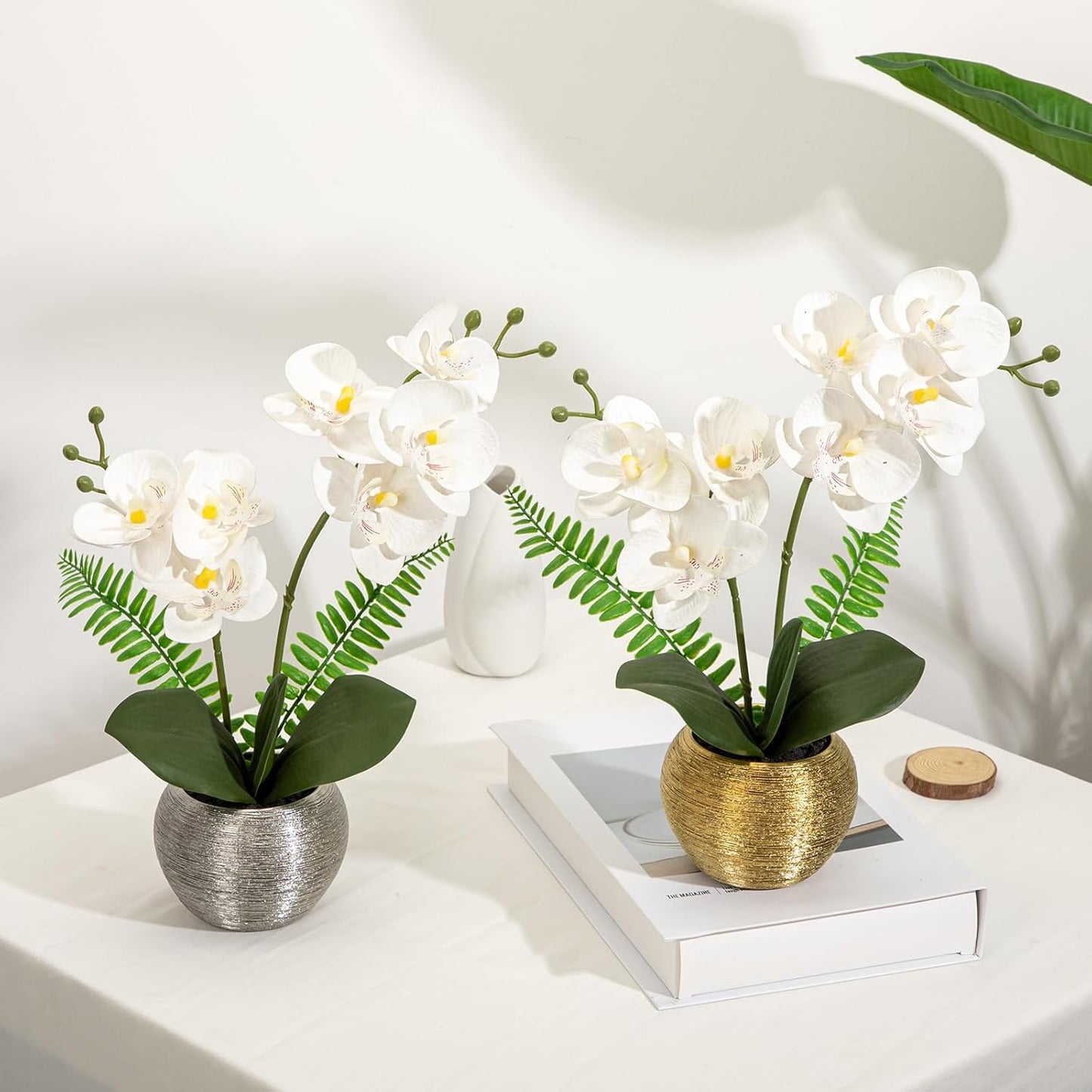 Artificial Orchid Flowers in Gold Ceramic Pot / White Orchid with Gold Vase