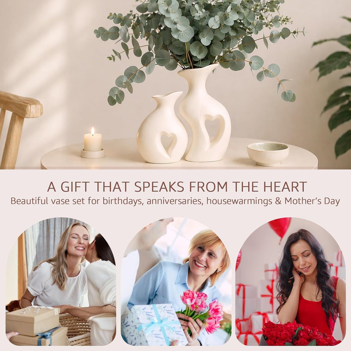 Ceramic Vase Hollowed Heart Flower Vase Set for Modern Nordic Boho Home Decor / White