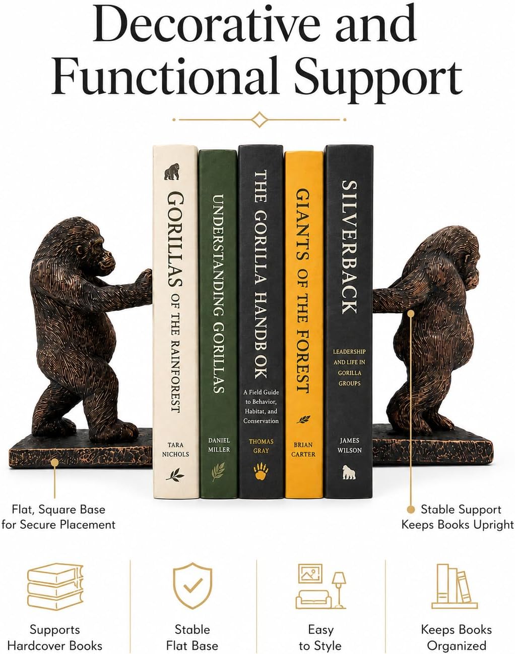 Resin Bookends / Realistic Heavy Animal Sculpture Decorative Book Ends / Gorilla / Bronze / Set of 2