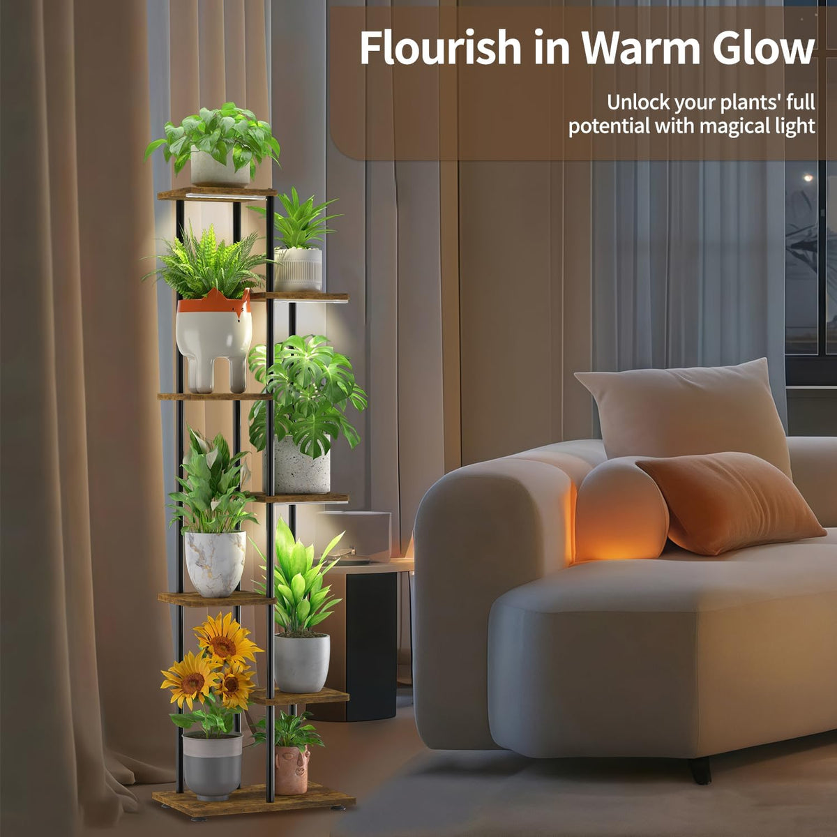 LASZOLA Plant Stand Tall for Indoor Corner with Light, 6 Tier Wood Brown | Heavy Duty Multi Level Vertical Flower Shelf
