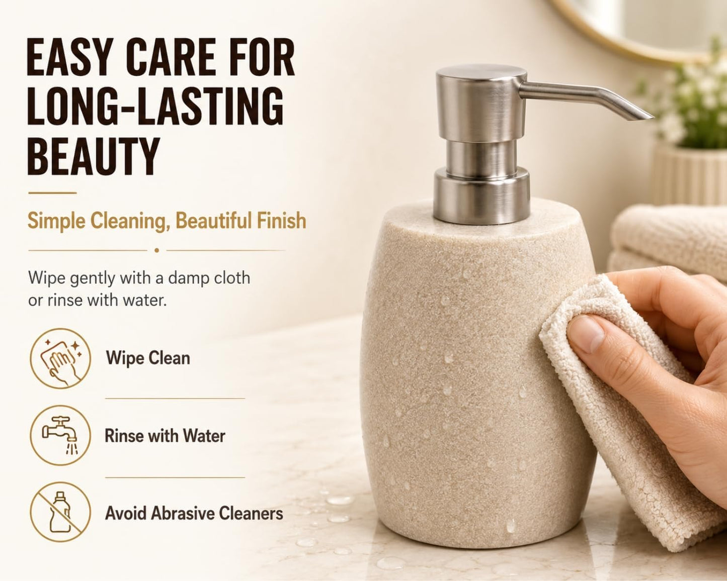 Clasin Home Sandstone Textured Resin Soap Dispenser with Metallic Pump and Waterproof Bottle Labels for Bathroom