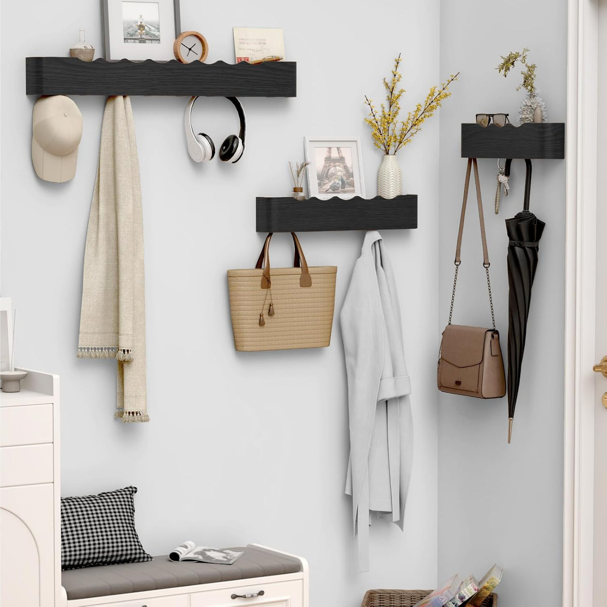 Coat Rack Wall Mount with Hidden Hooks, Wall Hooks with Shelf, Wall Key Holder Mount Wooden Shelf Entryway Hooks for