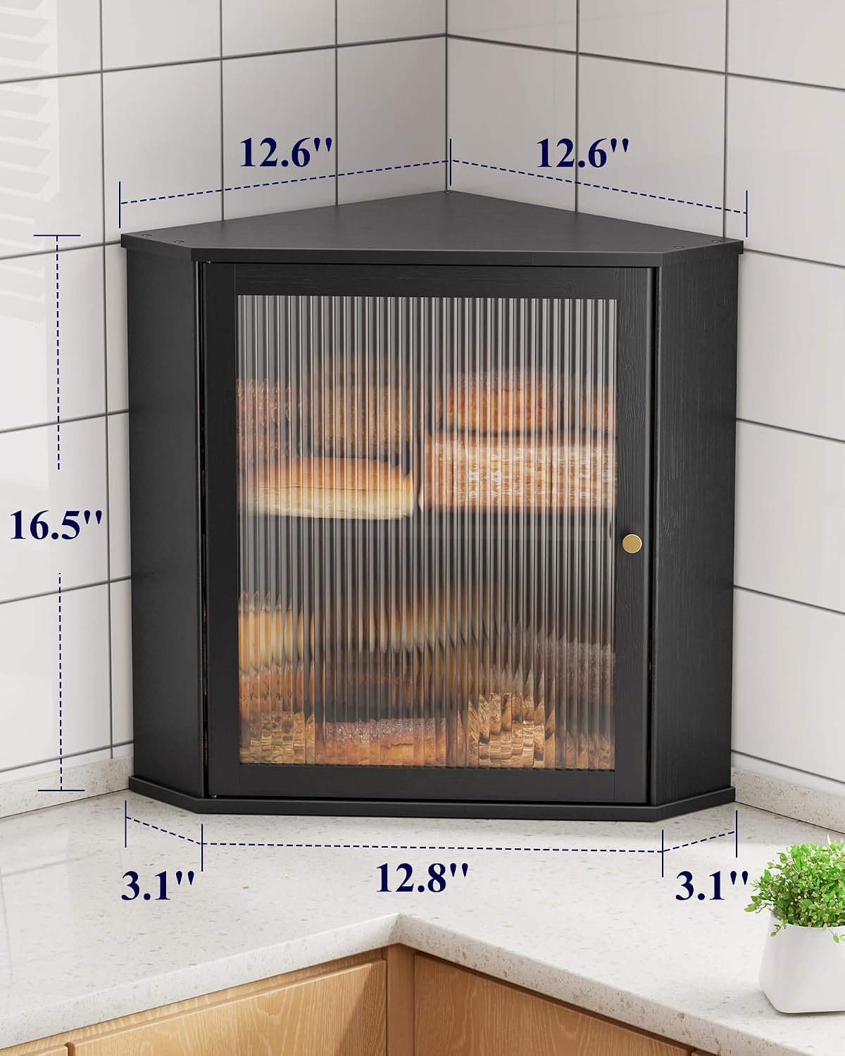 Kitsure Wooden Corner Bread Box for Kitchen Countertop, Large, Black | 2-Tier Bread Container with Magnetic Acrylic