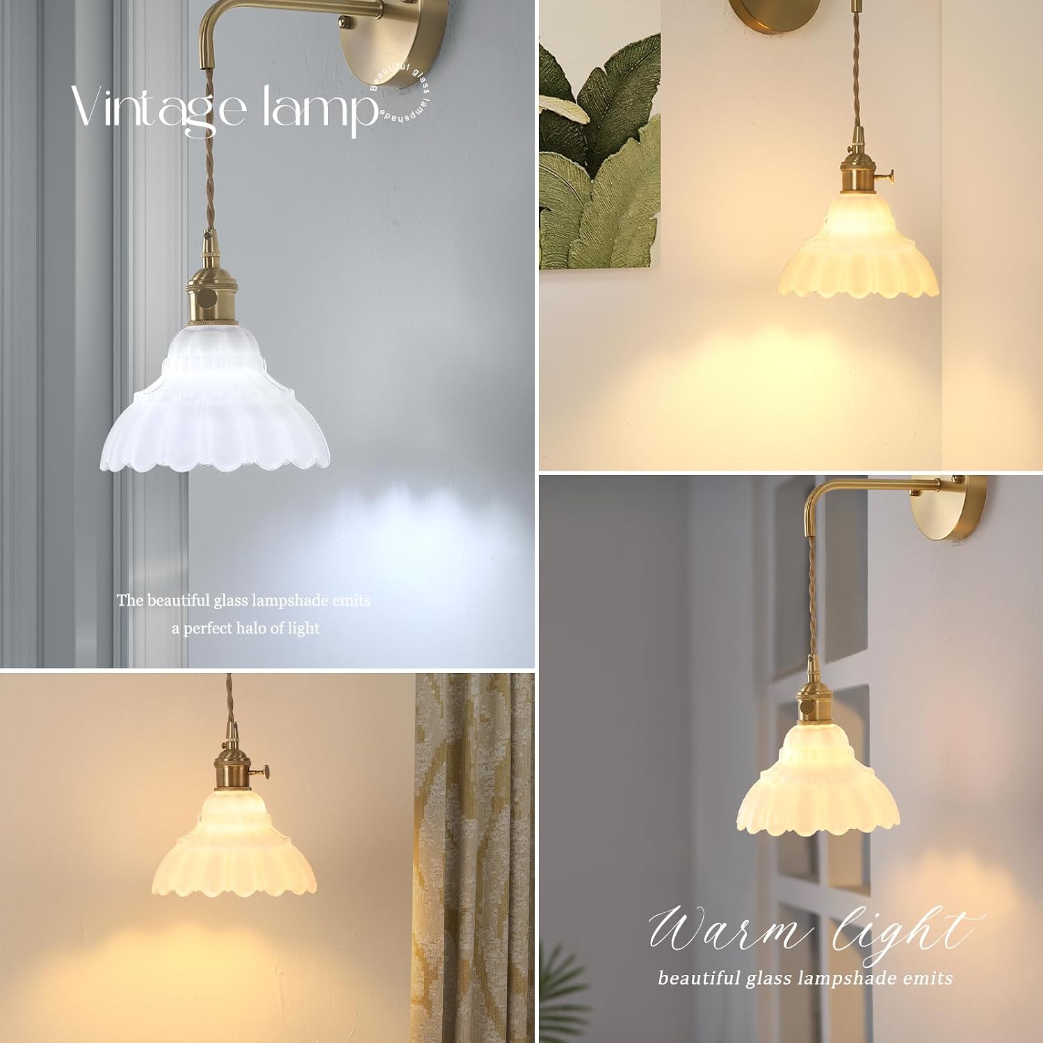 Shenmoyl Vintage Wall Sconce with White Lily of the Valley Shade Pattern Glass Adjustable Chain Retro Gold Wall Mounted