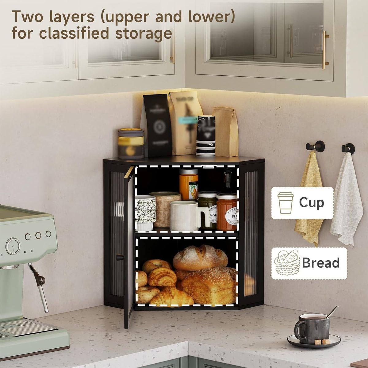 Corner Bread Box for Kitchen Countertop,Bread Storage (Black, Extra Large) | Double Layer Large Capacity Bamboo Bread