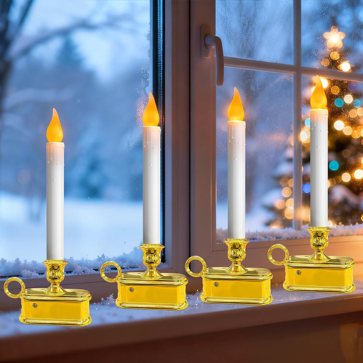 4 Pack Christmas Window Candle Lamps with Sensor Dusk to Dawn,10 Inch Battery Operated LED Window Candles with Flickering Amber Flame for Weddings Table Christmas Decor, Gold Plated Base