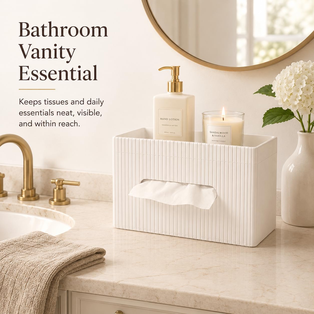 Ribbed PU Leather Tissue Box Cover / Ivory White