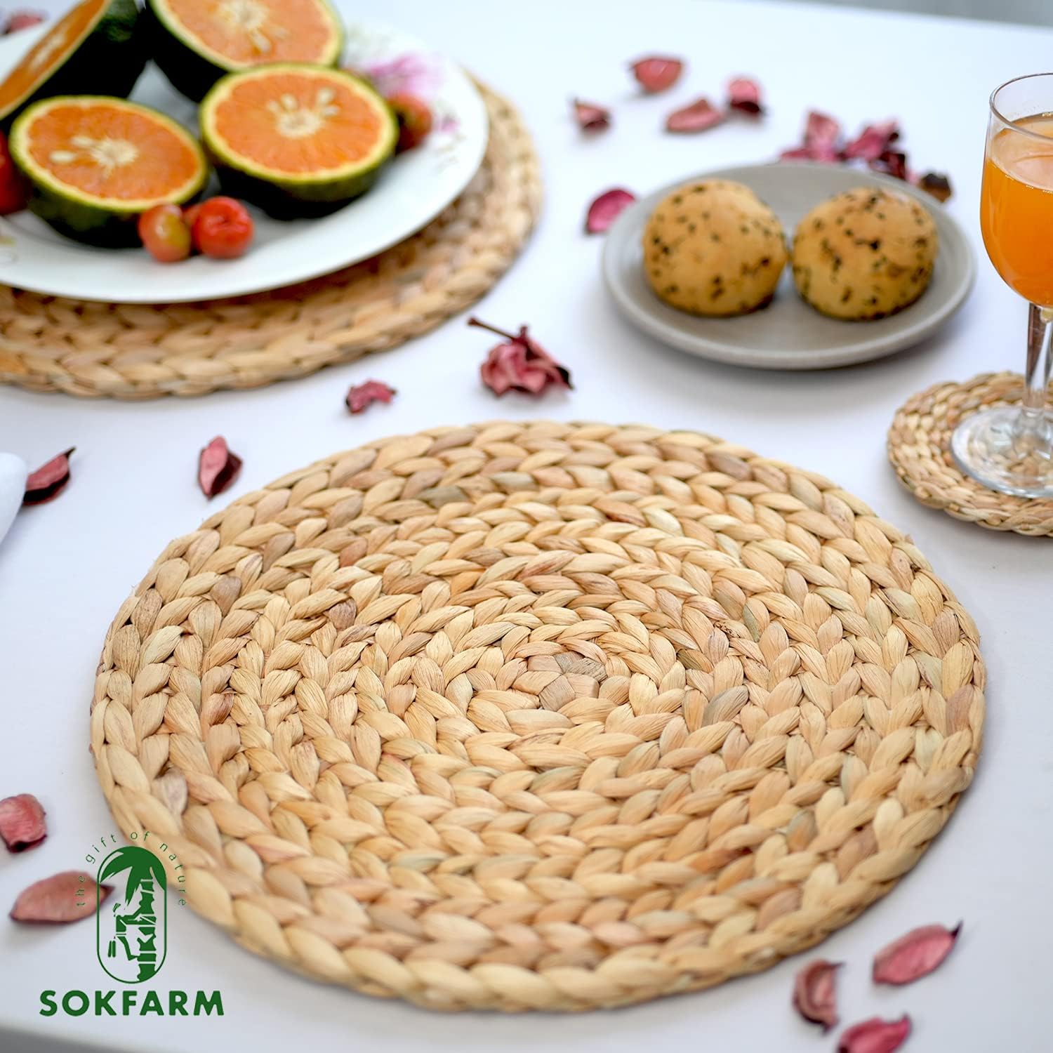 Round Woven Placemats Set of 10, Water Hyacinth Rattan Placemats 11.8 in, Small Charger Plates for Salad & Dessert