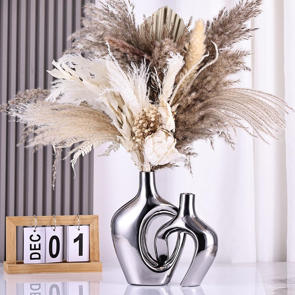 Hollow Ceramic Vases / Silver / Set of 2